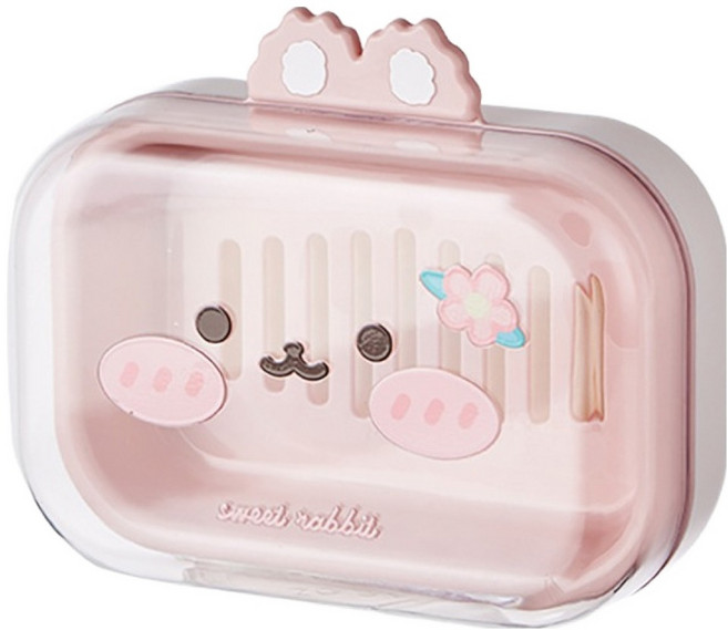 더자카 토끼 일러스트 여행용 비누 케이스 14 x 12 x 5.5 cm, 핑크, 1개