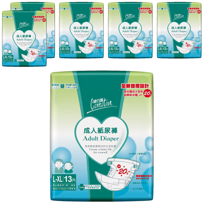 康乃馨 成人黏貼型紙尿褲 一般型 臀圍101~152cm, L~XL, 13片, 6包