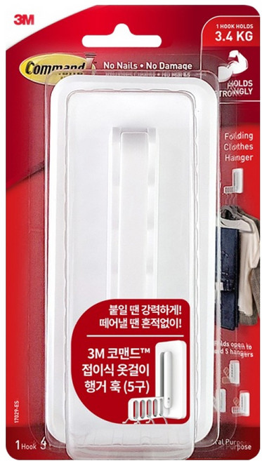 코맨드 쓰리엠 접이식 옷걸이 행거 훅 5구 17029-EN, 화이트, 1개