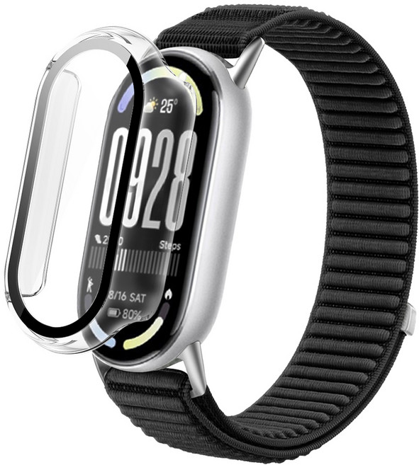 스페이스쉴드 스마트워치 에어 슬로프 밸크로 나일론 패브릭 스트랩 + 올인원 PC 강화유리 케이스 2in1 세트, 블랙 + 투명, 1세트