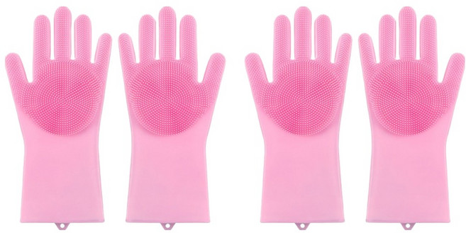 더자카 다용도 실리콘 브러시 고무장갑 양손착용 세트, 핑크, 14 x 27 cm, 2세트