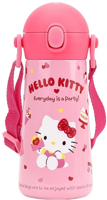 릴팡 아동용 더보틀몰리 원터치 이중스텐 물통 + 어깨끈 세트, 헬로키티, 1세트, 460ml - 쿠팡