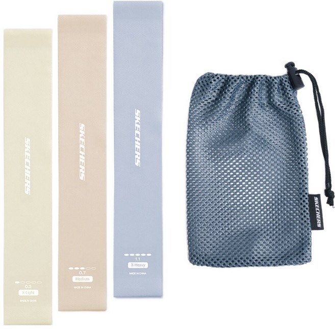 스케쳐스 라텍스 스쿼트 루프 밴드 3종 + 보관 파우치 세트, 라이트샌드, 아몬드베이지, 그레이블루(루프밴드), 1세트