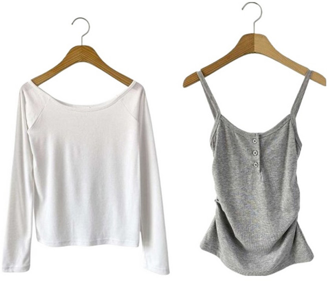 시크블랙 여성용 코일라 버튼 뷔스티에 나시 + 보트넥 슬림 긴팔 티셔츠 cpt17133k58