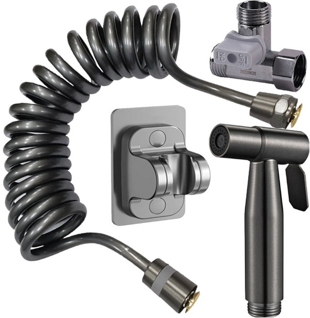 에트레인 욕실 스프레이건 스테인레스304 + 황동 코일호수 + 거치대 + T벨브 광폭관 청소 샤워기 세트, 건그레이, 1세트