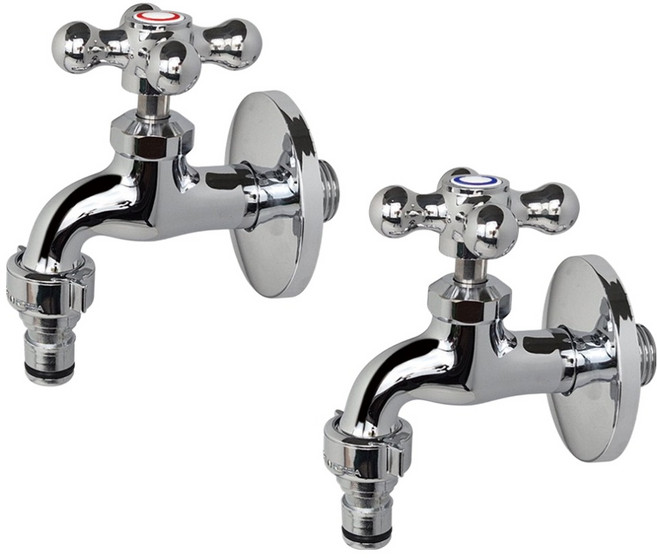 BK 십자 커플링 가로 수도꼭지 왕분리 냉수 + 온수 세트 모로86, 1세트