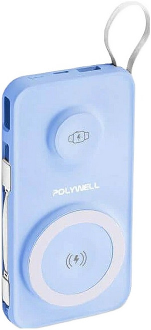 POLYWELL 寶利威爾 多合一磁吸無線充行動電源 10000mah typec, S016P01 / PW15-T16-A028, 淺藍色