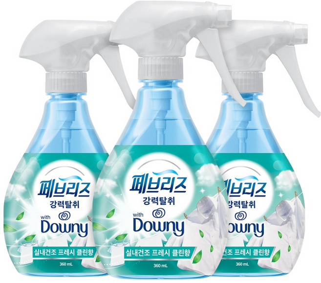 페브리즈 섬유탈취제 다우니 실내건조 프레시클린향 본품, 360ml, 3개
