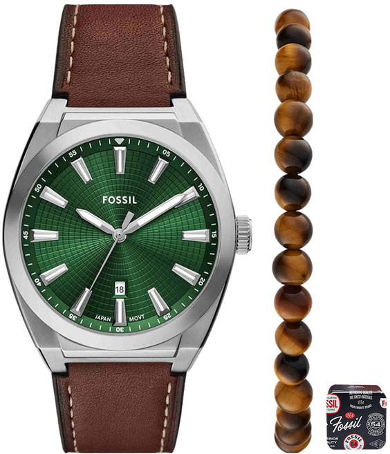FOSSIL 男士用 Everett 皮革手錶 手鍊 套組 FS6080