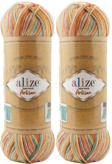 Alizee Superwash Artisan 編織線, 9012 綠橘混色, 2個