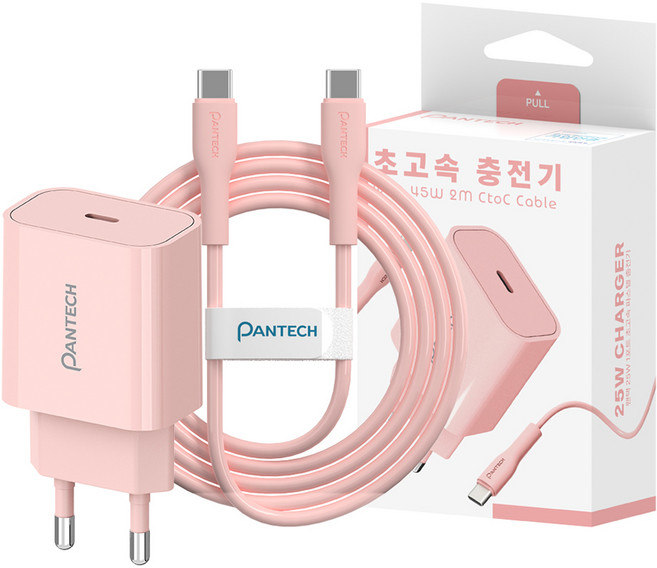 팬택 25W 1포트 파스텔 초고속충전기+ 45W 2m C to C 케이블 세트, 1세트, 핑크