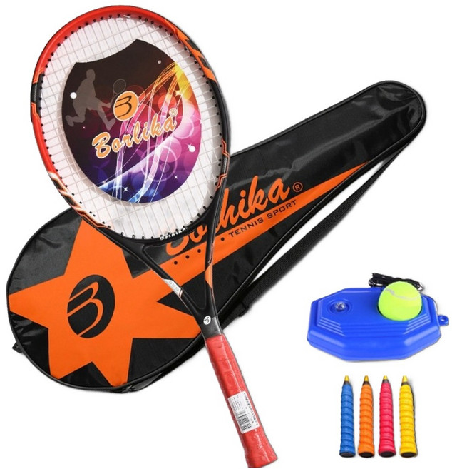 BOSHIKA 입문용 테니스 셀프 트레이닝 라켓 + 연습기 + 그립 4p + 가방 세트, 레드, 1세트