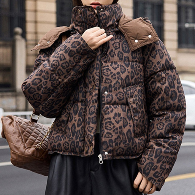 파라다이소 여성용 레오파드 패턴 겨울 패션 포근한 캐주얼 숏패딩