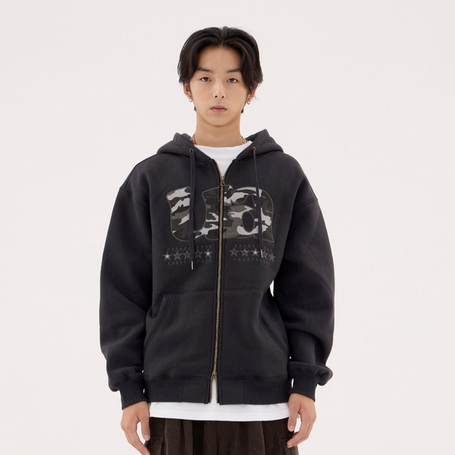 어반에이지 남녀공용 아플리케 로고 패치 오버핏 후드집업