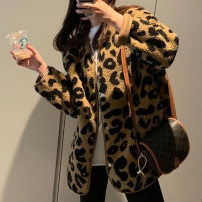 女性時尚潮流冬季保暖豹紋刷毛抓絨外套