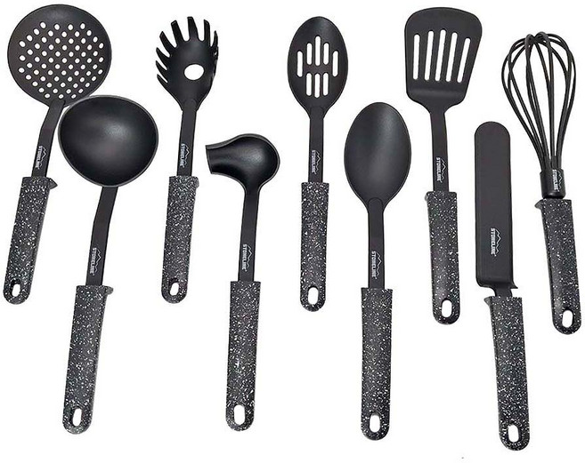 STONELINE 經典系列 廚房用具套裝9件組, 黑色 + 銀色, 1套, 煎鏟 + 義大利麵杓 + 濾孔服務匙 + 服務匙 + 打蛋器 + 蛋糕鏟 + 醬料杓 + 湯杓 + 濾杓