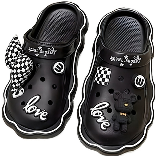 BUKENI 夏季新款可愛蝴蝶結卡通防滑可外穿涼鞋洞洞鞋 8658 36-37, 23cm, 黑色