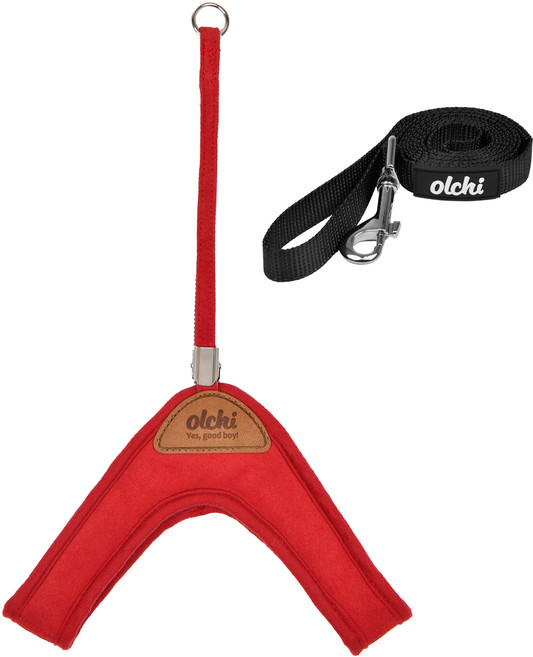 올치 강아지 산책 스웨이드 V 하네스 리드줄 세트 HV6567, 레드, 1세트