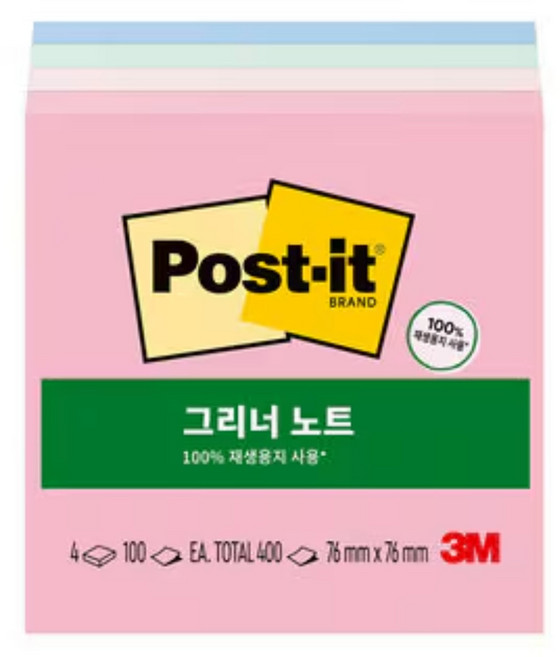 포스트잇 쓰리엠 그리너노트, 혼합색상, 1개, 400매