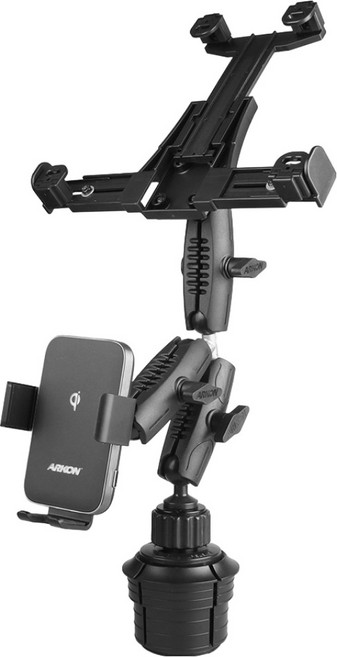 ARKON FOD2 로버스트 듀얼태스킹 차량용 컵홀더 태블릿 락킹 앤 듀얼코일 무선충전 핸드폰 거치대, 블랙, DWCT5R323