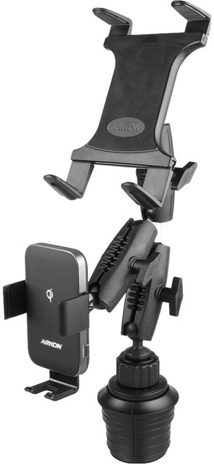 ARKON FOD2 로버스트 차량용 컵홀더 태블릿 앤 듀얼코일 무선충전 핸드폰 거치대, 블랙, DWCTR323