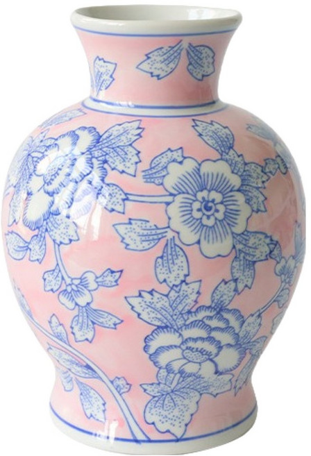 Mabso Shop 千花白瓷 藍粉花朵短版花瓶 BRP1743, 混合色