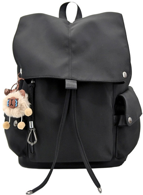 MISS BAEK 女性尼龍休閒防水後揹包 + 水豚鑰匙圈套組, 黑色