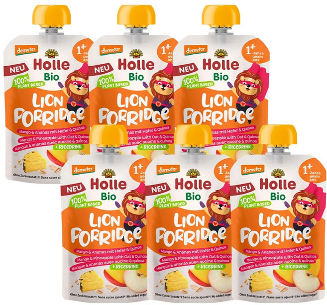 홀레 유기농 오트밀 퓨레 라이언 포리지, 혼합맛(사과 / 망고 / 파인애플), 110g, 6개