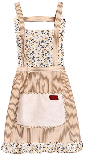 아싸레 가정용 타올 포켓 줄무늬 플라워 앞치마, 베이지, 1개
