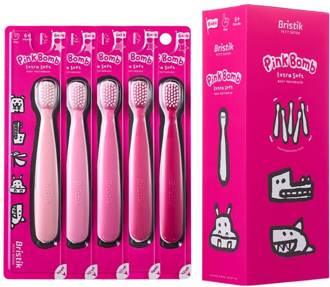 브리스틱 에르고 1단계 유아 칫솔 핑크밤 5종 세트, 혼합색상, 5개, 1세트