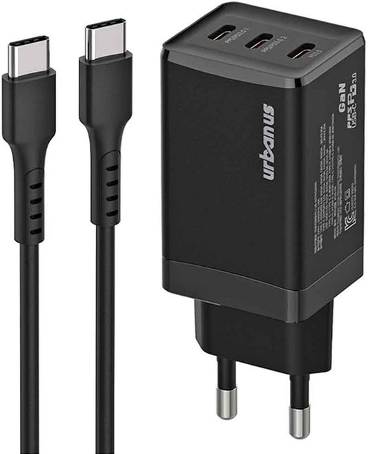 어반어스 GaN 67W 미니 C타입 3포트 PD PPS 초고속 충전기 65W C TO C 케이블 1.5m, 블랙, 1개
