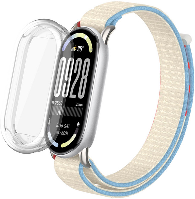 스페이스쉴드 샤오미 미밴드 10 프리미엄 모노 스포츠루프 스트랩 + 풀커버 케이스 2in1 세트, 밀크화이트(스트랩), 투명(케이스), 1세트