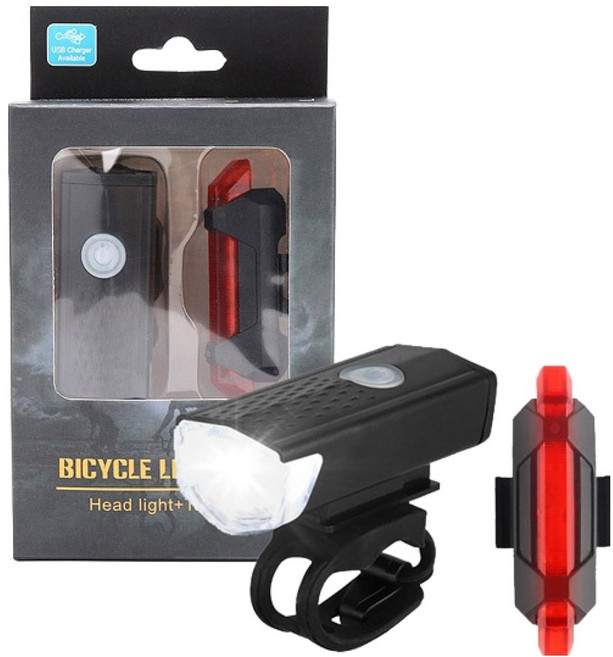 충전식 자전거라이트 전조등 + 후미등 세트, 블랙, 1세트