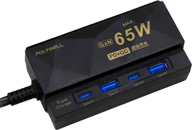 POLYWELL 寶利威爾 65W 4孔電源線快充頭 GaN 雙Type-C 雙USB PW15-T05-A114, 1個, 黑色