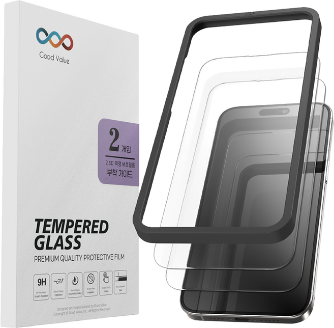 굿밸류 이노 고화질 강화유리 부착가이드 휴대폰 액정보호 필름 2p 세트, 1세트