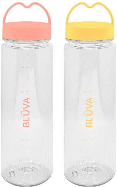블루바 눈금표시 트라이탄 하트캡 쉐이커 보틀 2종 세트, 핑크 + 옐로우, 500ml, 1세트