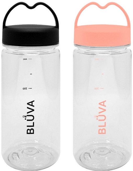 블루바 눈금표시 트라이탄 하트캡 쉐이커 보틀 2종 세트, 블랙 + 핑크, 350ml, 1세트