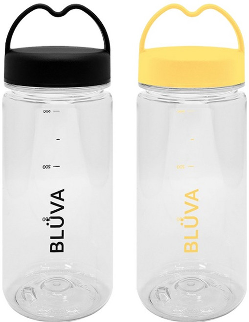 블루바 눈금표시 트라이탄 하트캡 쉐이커 보틀 2종 세트, 블랙 + 옐로우, 350ml, 1세트