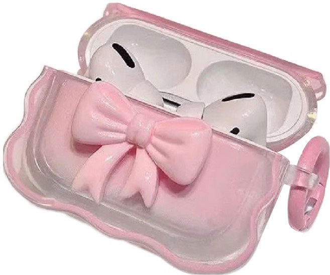 순잠 귀여운 분홍 리본 물결 보호 케이스 에어팟 프로 3세대, 투명 + 핑크, 1개