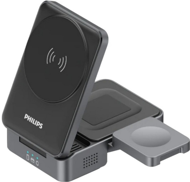 PHILIPS 飛利浦 Qi2 黑金剛磁吸三合一磁吸充電座 DLK3547Q, 1個, 黑色