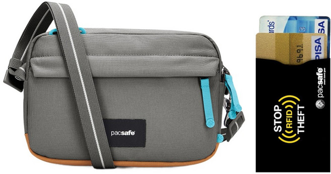 pacsafe GO 斜揹包 防盜包 + RFID防側錄卡套組, 岩石灰