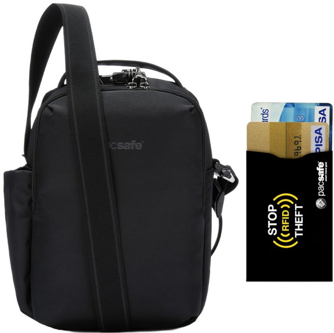 pacsafe V Tour 防盜斜揹包 + RFID防側錄卡套組, 黑色