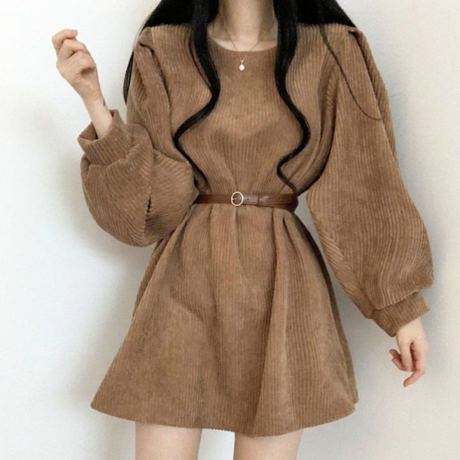 구디프 여성용 코듀로이 벌룬 소매 데일리룩 골덴 미니 원피스