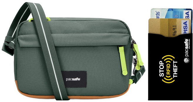 pacsafe GO 斜揹包 防盜包 + RFID防側錄卡套組, 雲杉綠