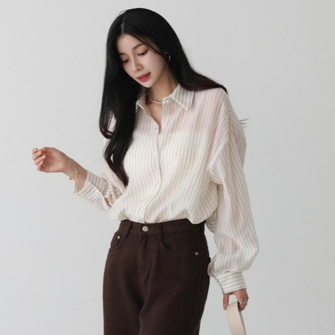 피핀 여성용 스트라이프 루즈핏 텐셀 셔츠 #49827