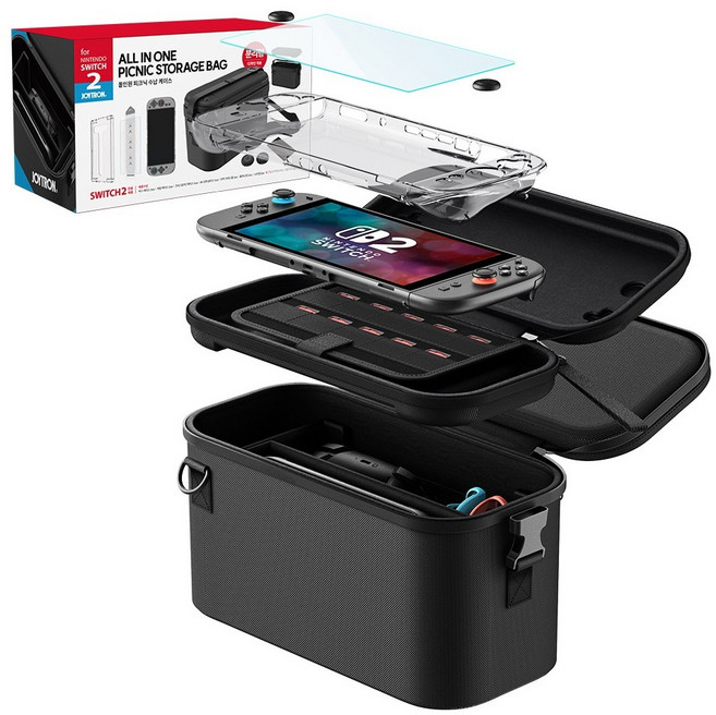 조이트론 닌텐도 스위치2 올인원 피크닉 수납가방 가방 + 파우치 + 케이스 + 필름 + 클리너천 + 스틱캡 2p 세트, 블랙, 1세트, SW2-CARRY07