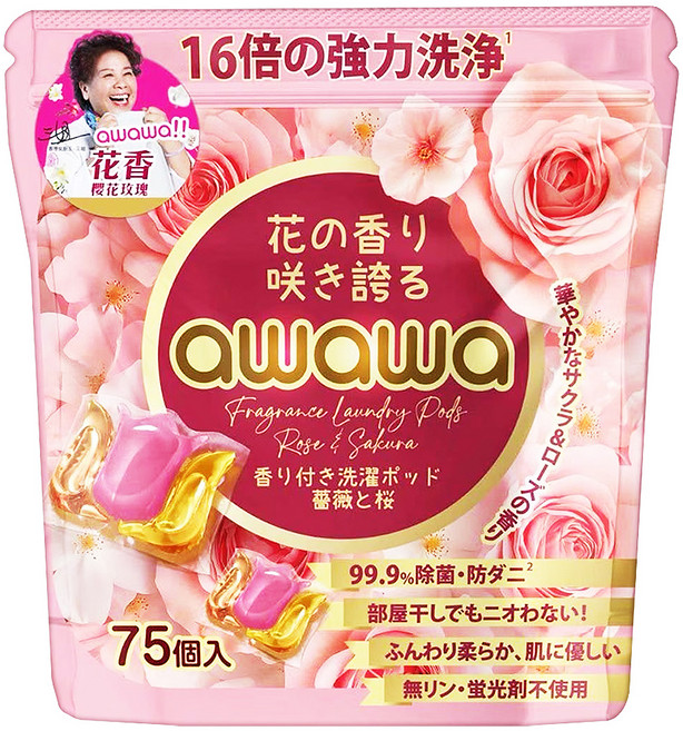 awawa 三合一香薰洗衣球/洗衣膠囊 櫻花玫瑰, 1個, 75個裝