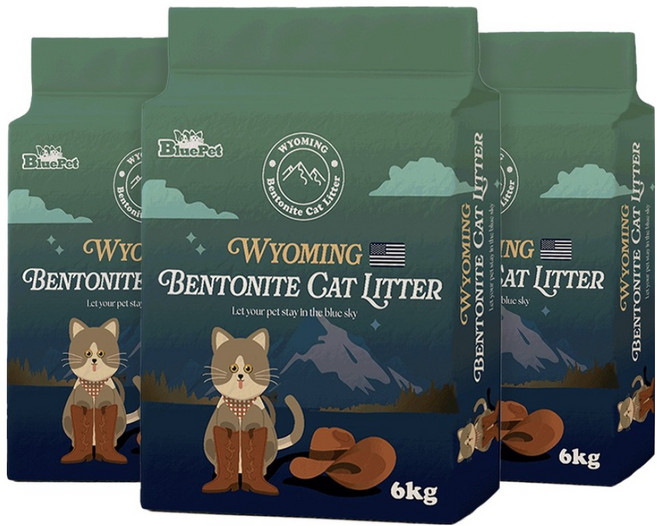 블루펫 고양이 와이오밍 벤토나이트 모래, 6kg, 3개, 무향
