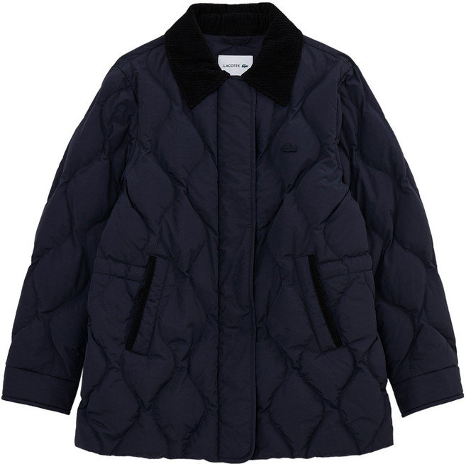 라코스테 여성용 물결 퀼팅 코듀로이 카라 중힙다운 점퍼 BF535E-55N