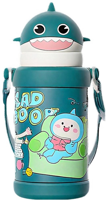 SUNORO 兒童用 卡通小鯊魚316不銹鋼彈跳吸管保溫杯, 綠色, 1個, 550ml